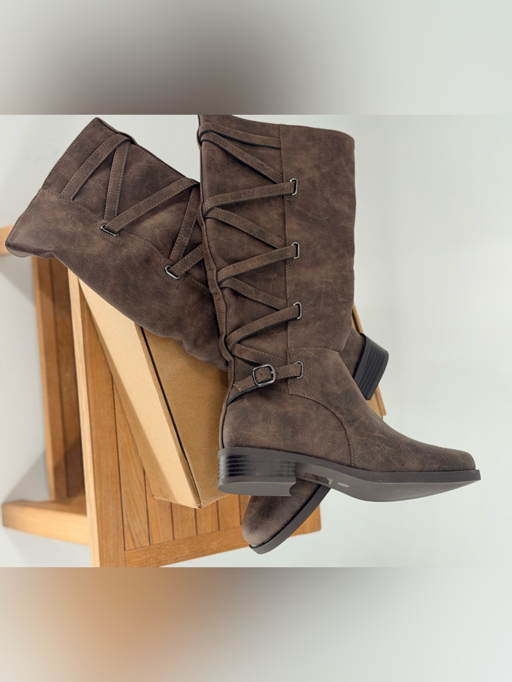New Journee collection Carly Brown Faux Suede Lace-Up Mid-Calf Boot size 7.5